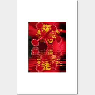 red and gold hibiscus reflection and ripples Posters and Art